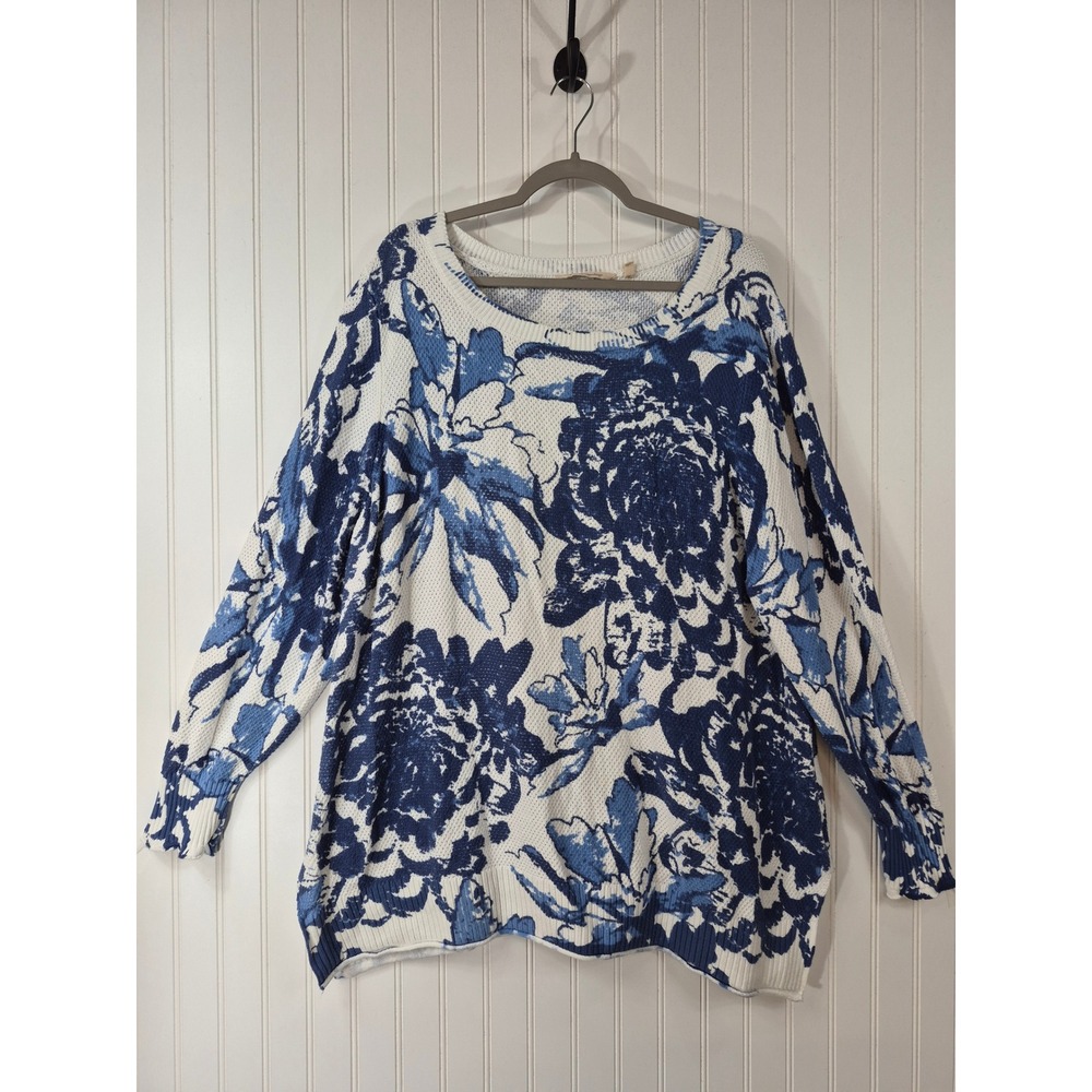 Soft Surroundings Womens 3XL Blue White Floral Cotton Knit Sweater Long Sleeve